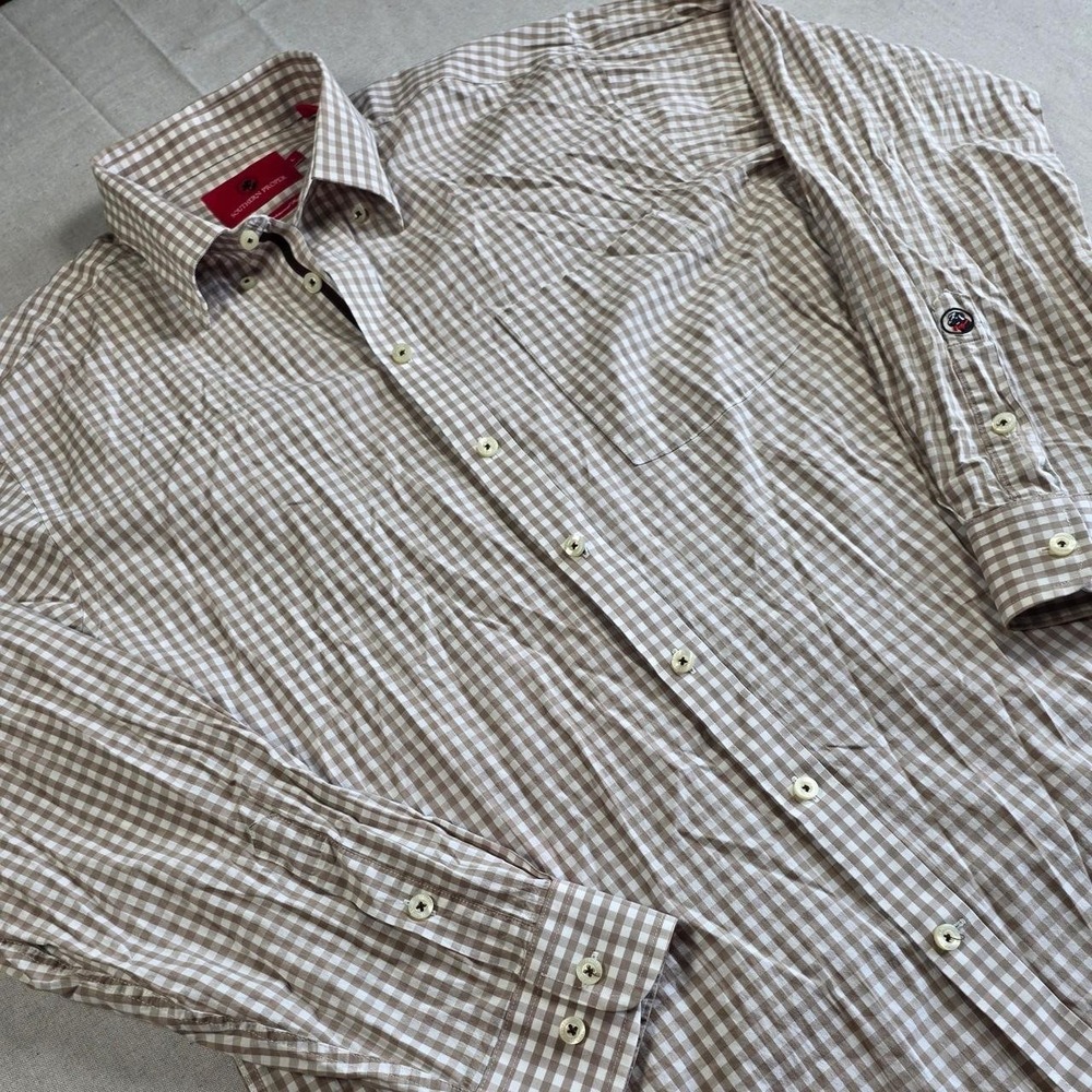 Mens Southern Proper Brown White Traditional Fit Check Button Down Shirt (Large)